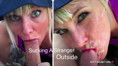 A moglia sublime hà pigliatu un stranieru chì si masturbava in u parcu, poi succhia u so cazzo: cum nantu à a so faccia cù cum in a strada